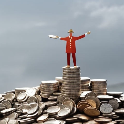 Stration of a person standing atop a mountain of coins, with a few coins showering down around them