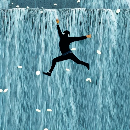 Alist illustration of a person fearlessly leaping over a cascading waterfall of coins