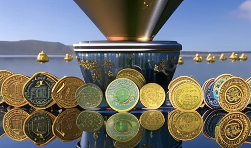 coins cascading from a golden cup into a pond of vibrant altcoins, surrounded by curious onlookers