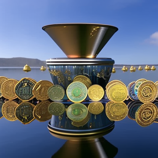 coins cascading from a golden cup into a pond of vibrant altcoins, surrounded by curious onlookers