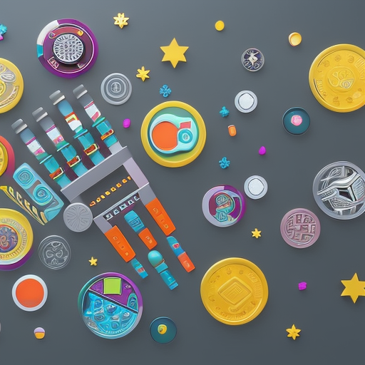Stration of a futuristic-looking robotic hand holding a collection of colorful coins with a variety of shapes and sizes, each with a unique symbol on them