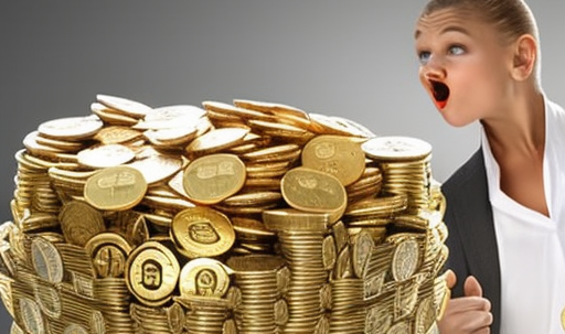 E of a person holding a bag of coins overflowing with altcoins, with a look of amazement on their face