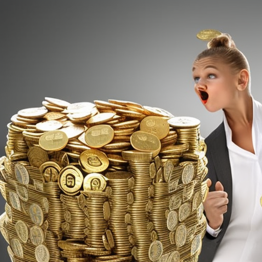 E of a person holding a bag of coins overflowing with altcoins, with a look of amazement on their face