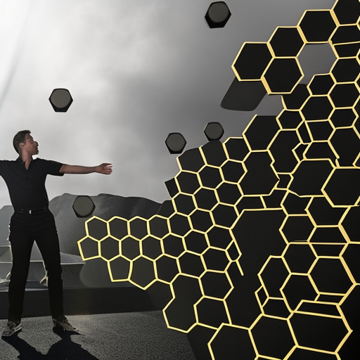 N with their hand outstretched, with coins shooting out from a laptop in front of them, surrounded by a honeycomb of hexagons