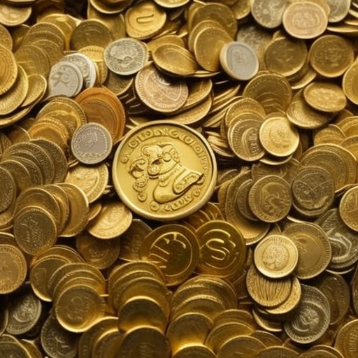 A golden faucet with a shower of golden coins, coins scattered around it and a Dogecoin logo in the background