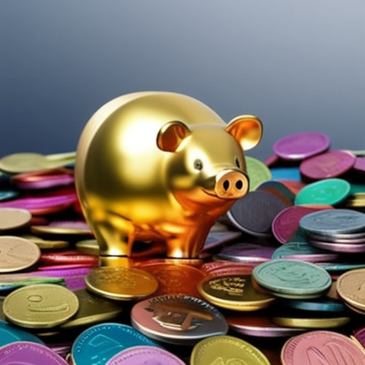 image of an open-mouthed golden piggy-bank with colorful coins cascading out, alongside a sleek modern faucet with a rainbow of mobile rewards emerging