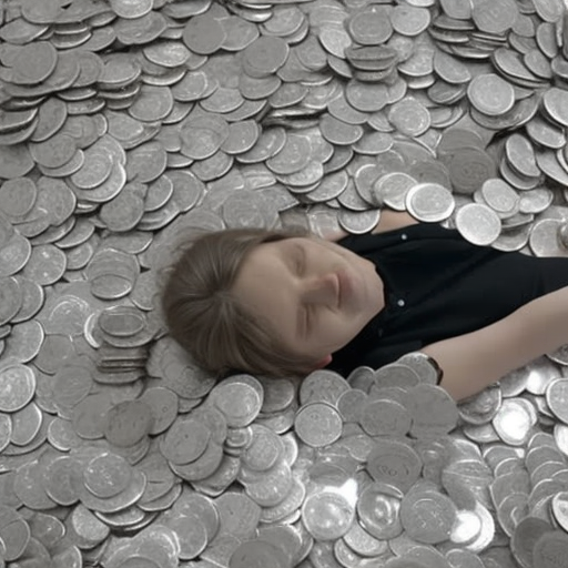 N in a relaxed pose, surrounded by a variety of silver coins, some flowing from a faucet into a pile below