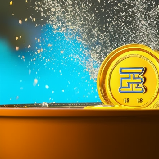 T, yellow-orange Binance logo, with a glowing, blue-green stream of coins spurting out from a faucet and pooling into a golden bucket, ready for instant redemption