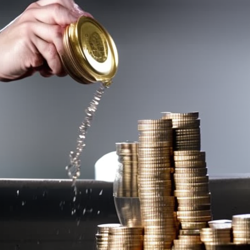 -up of a person's hand pouring coins from a faucet into a jar overflowing with cash