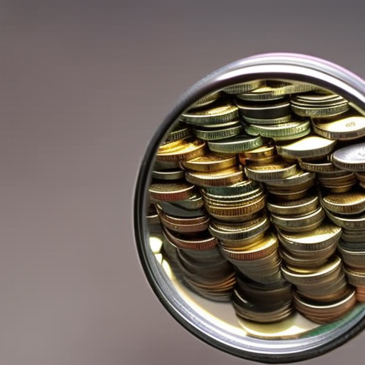 of coins with a magnifying glass over the top, showing the coins increasing in size