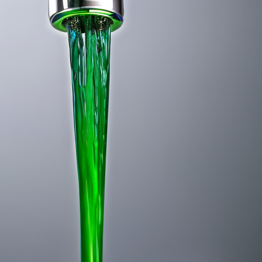Ing faucet adorned with a water stream that is split in two, one blue and one green, with the green portion being narrower