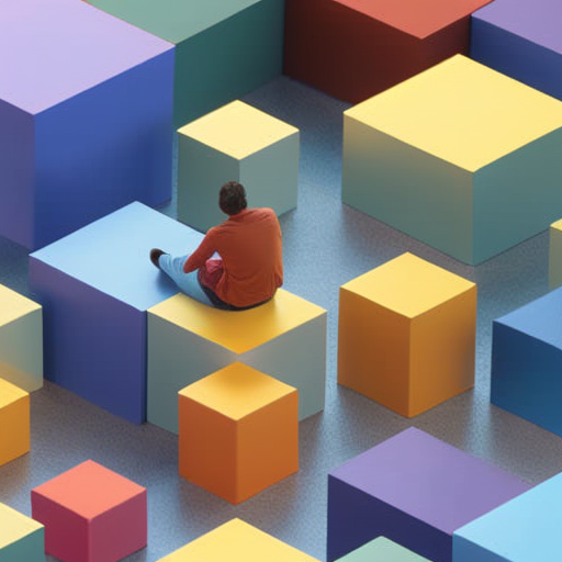 Stration of a person surrounded by colorful cubes, each cube representing a collectible digital asset