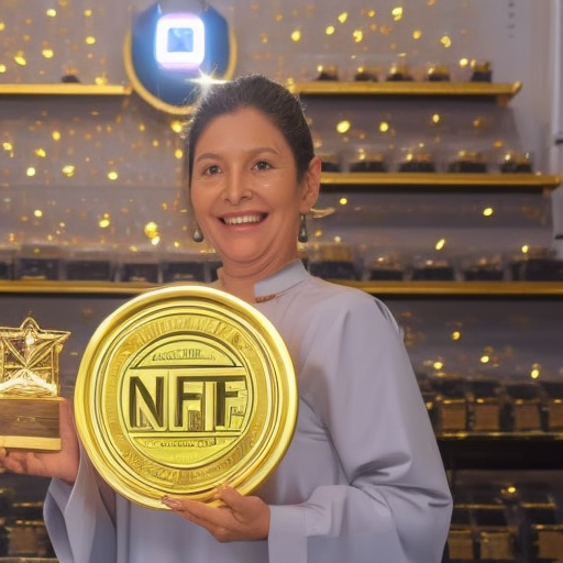 Ate a collector holding a golden NFT reward, glowing with satisfaction