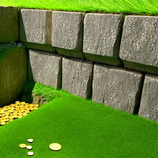 N dogecoin fountain spewing coins from a stone wall, surrounded by lush, green grass