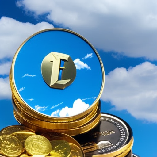 An abstract painting of a golden litecoin coin, with a background of a bright blue sky with white clouds, and a pile of litecoin coins around it