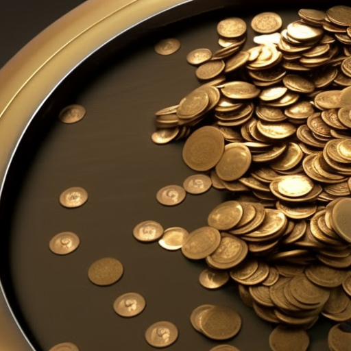 Using a smartphone to tap into a digital river of coins, overflowing into a gold bowl