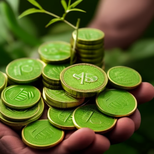 Holding a stack of green coins clasped by a growing vine, representing nature-friendly crypto faucets