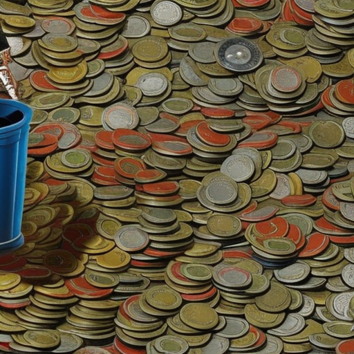 Ful illustration of a person using a faucet to fill a bucket of coins with a wide open top