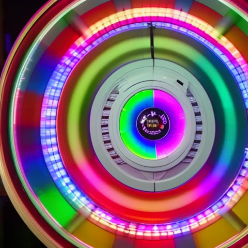 Ing wheel of fortune with colorful crypto coins, surrounded by an illuminated rainbow of light