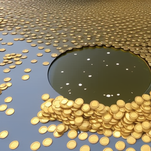 On-style digital wallet overflowing with coins, with a stream of coins spilling out of it and into an overflowing pool below