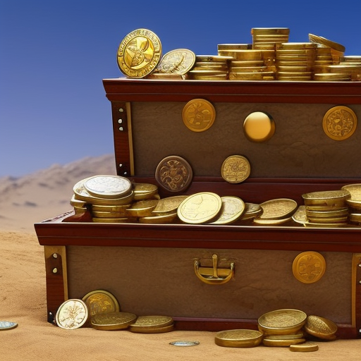 Ful, layered piece of digital artwork featuring a hand-drawn image of a treasure chest overflowing with coins of varying sizes and shapes