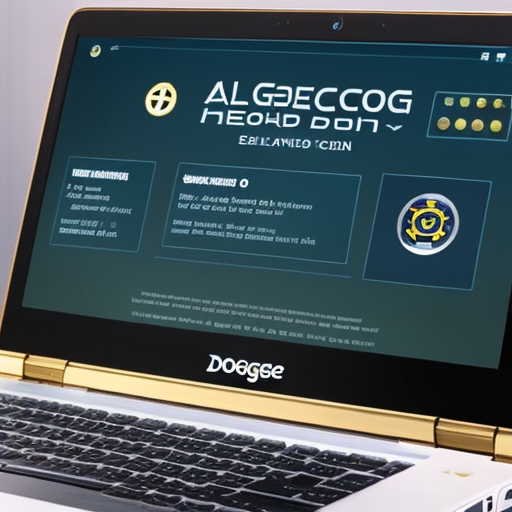 N using a laptop to authenticate a Dogecoin faucet, focused on the small details of the process, with a backdrop of a Dogecoin logo
