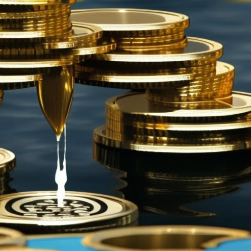 On of a Dogecoin faucet dripping drops of water into a pool of coins, with a question mark hovering above
