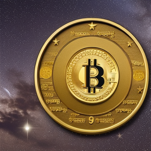of rising dogecoin coins, marked with a golden coin icon, against a backdrop of a starry night sky