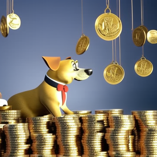 On dog with a shower head pouring a stream of golden coins over its head, surrounded by a large pile of coins and a few bills