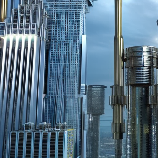 Istic tech cityscape with a towering skyscraper shaped like a golden Dogecoin, surrounded by a network of interconnecting pipes and wires