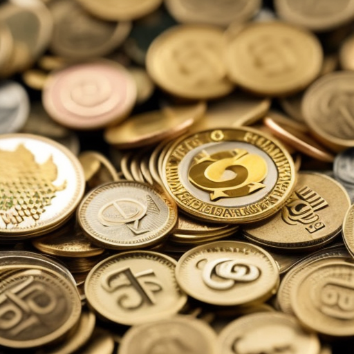 -up of a golden-hued Dogecoin logo overflowing with coins, with a few coins spilling out onto a surface