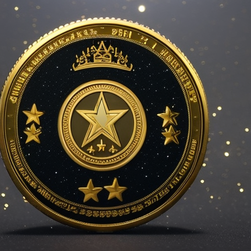 A golden, shining, 3D Dogecoin coin, surrounded by a cluster of stars and a glowing crown, hovering in a world of darkness