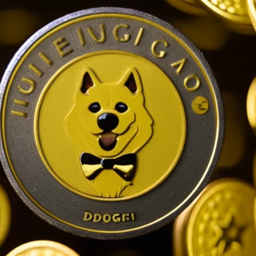 Surrounded by a golden shower of Dogecoins, with a large Dogecoin logo in the middle, showing a satisfied expression