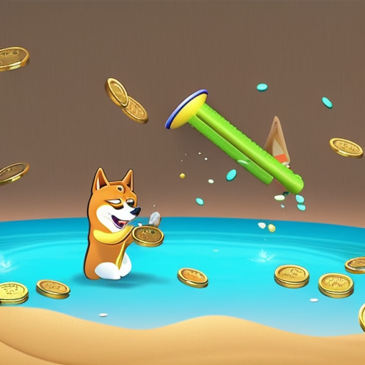 Ful and whimsical illustration of a faucet spouting a stream of Dogecoins, with a cartoon Shiba Inu pup gleefully diving in to catch them