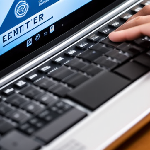 -up of a person's hand on a digital keyboard, pressing the 'enter' key on a laptop, with a Dogecoin wallet logo in the background