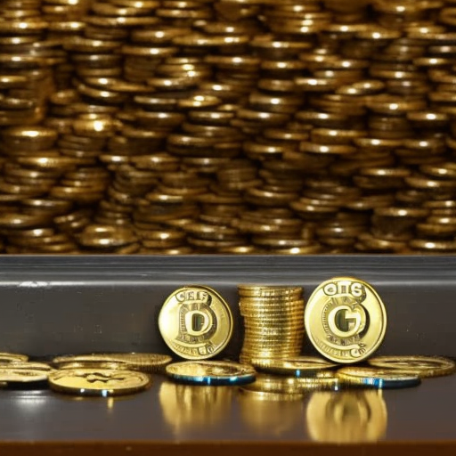 On dogecoin coin, overflowing from a fountain-shaped faucet, with coins falling onto a pile of coins in the background