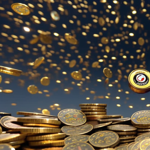 Holding a Dogecoin, with a look of surprise and joy on the face, surrounded by colorful, cartoonish coins raining down from the sky