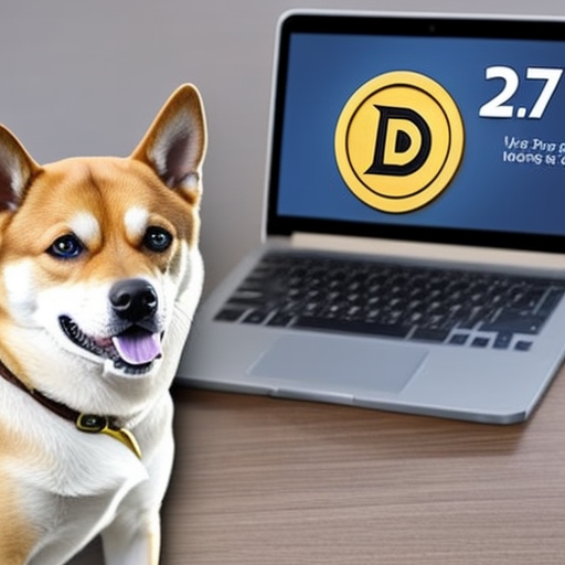 Holding a smart phone with a Dogecoin wallet open, a laptop with a Dogecoin logo on the screen, and a paper wallet with Dogecoin bills