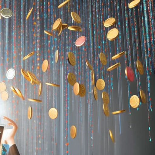 Stration of a person using a laptop to access a variety of colorful, overflowing Faucetpay Faucets, with coins raining down