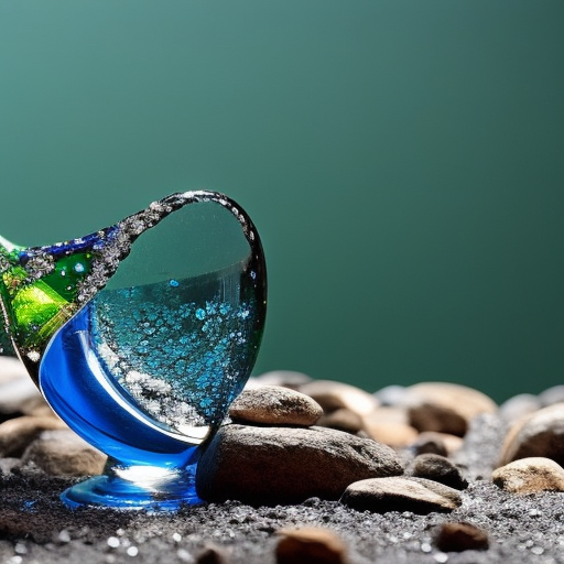 T blue faucet pouring out an ecologically-friendly liquid into a glass filled with green and brown stones