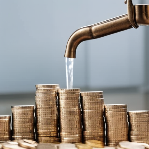 F a person holding a faucet with water flowing from it, overflowing onto a stack of coins