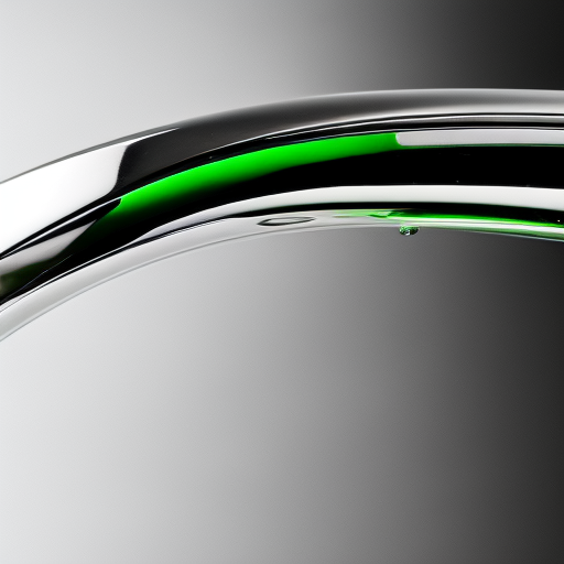 -up of a chrome faucet with a bright green on/off lever, water droplets sparkling on the handle