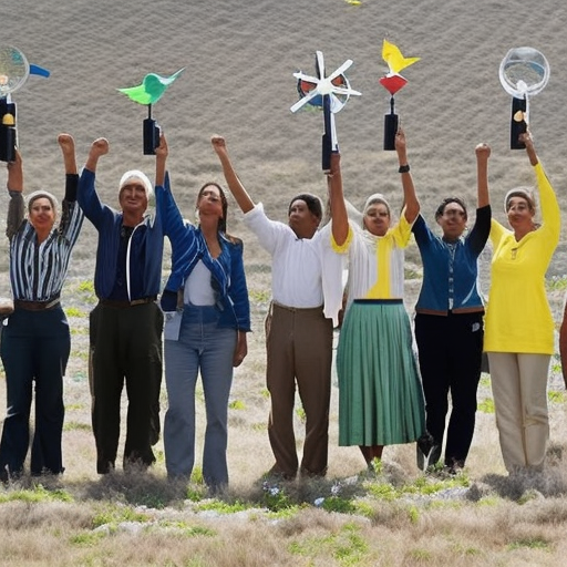 of people standing in a circle, each with a hand raised, holding a symbol of sustainability - a tree, a bird, a windmill, a globe