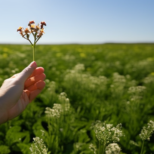 up of a hand holding a newly sprouted sapling in a sun-drenched field of wildflowers