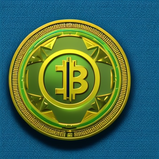 L of a green, earth-shaped icon/symbol inside a large, yellow, cryptocurrency coin, with a swirling, blue background
