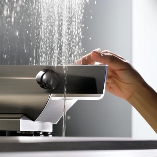 -up of a person's hand pressing a button on a modern faucet, with water sprouting quickly and efficiently