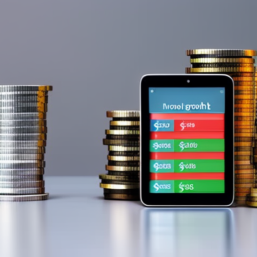 of coins with a mobile device displaying a colorful graph of increasing revenue growth