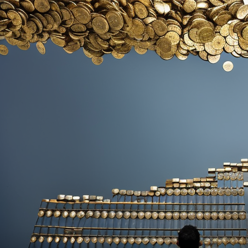An image of a person standing on a ladder, reaching up to a faucet, with coins filling the air around them