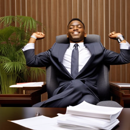 E in a business suit, sitting in a chair, with their hands behind their head, looking relaxed and content, surrounded by a pile of paperwork that has been completed