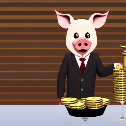 On pig in a business suit counting out coins from a dripping gold faucet